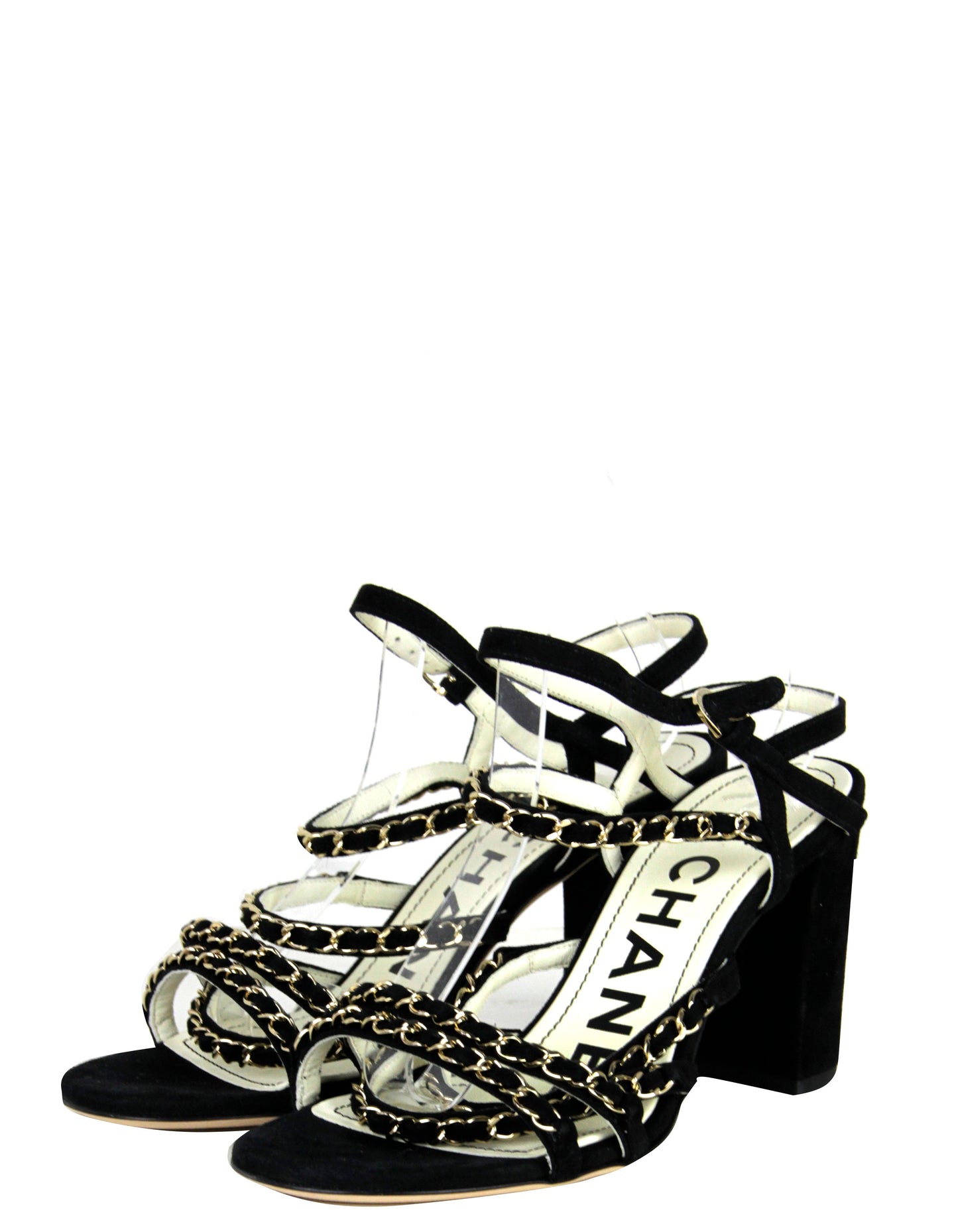 Chanel Black Kid Suede Chain Sandals sz 38.5