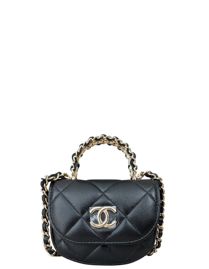 Chanel Black Lambskin Quilted Pearl Top Handle Bag