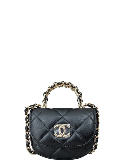 Chanel Black Lambskin Quilted Pearl Top Handle Bag