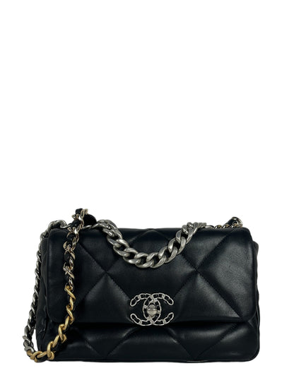 Chanel Silvertone Black Lambskin Quilted Medium 19 Bag