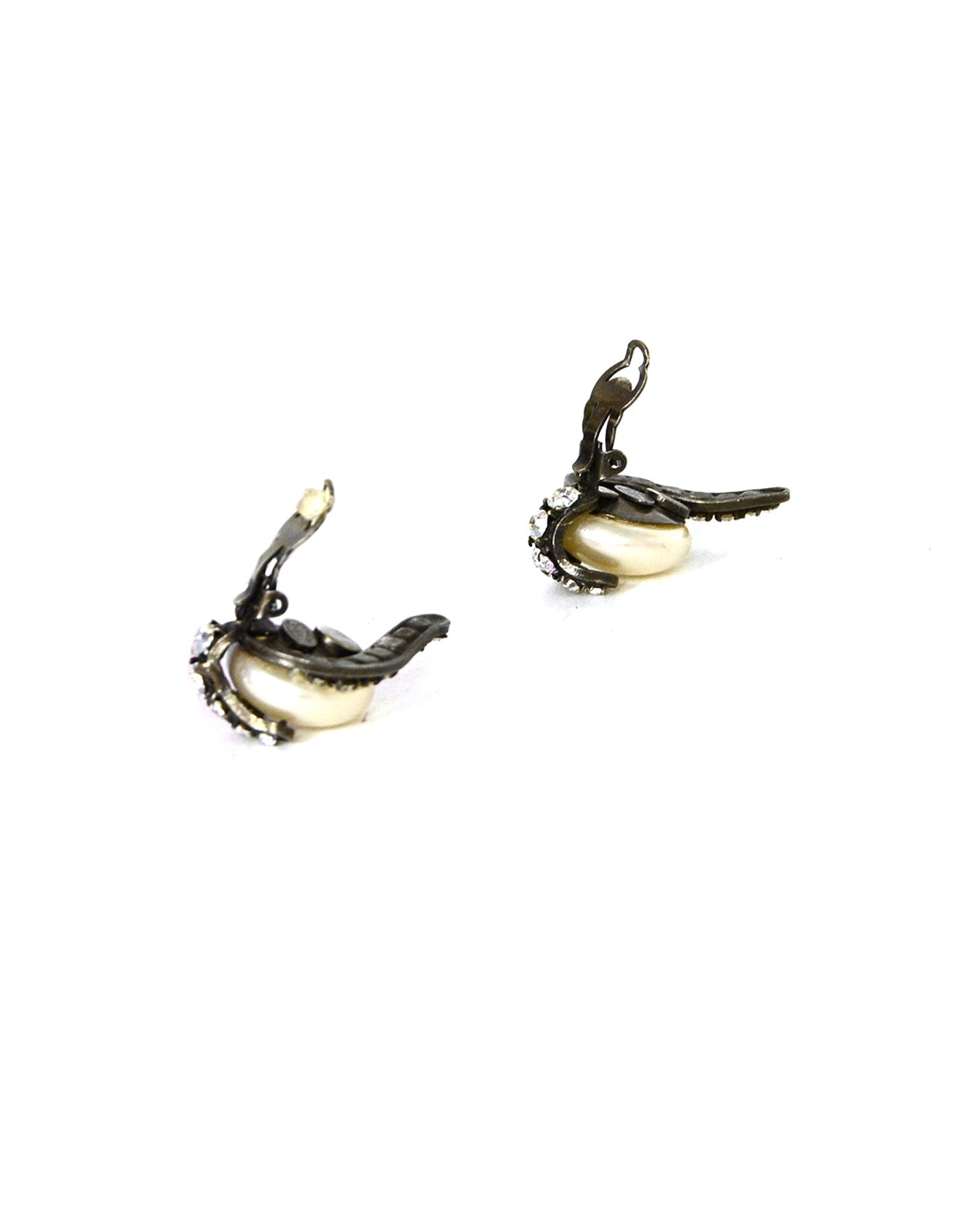 Chanel   Grey Faux Pearl Earrings w/ Strass Crystals