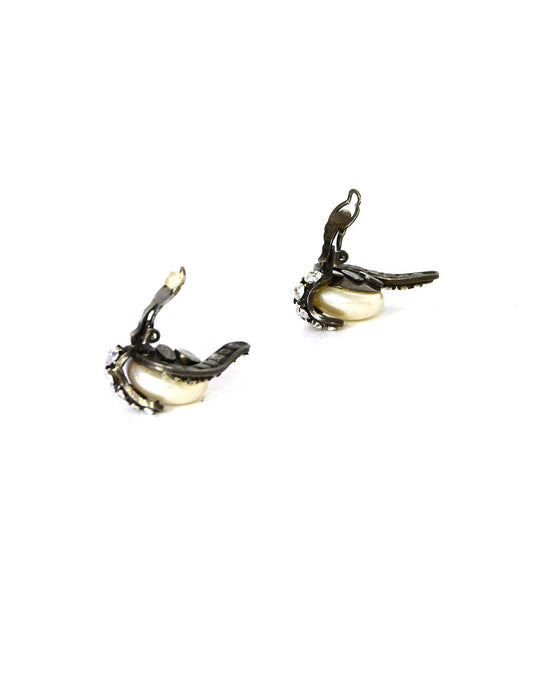 Chanel   Grey Faux Pearl Earrings w/ Strass Crystals