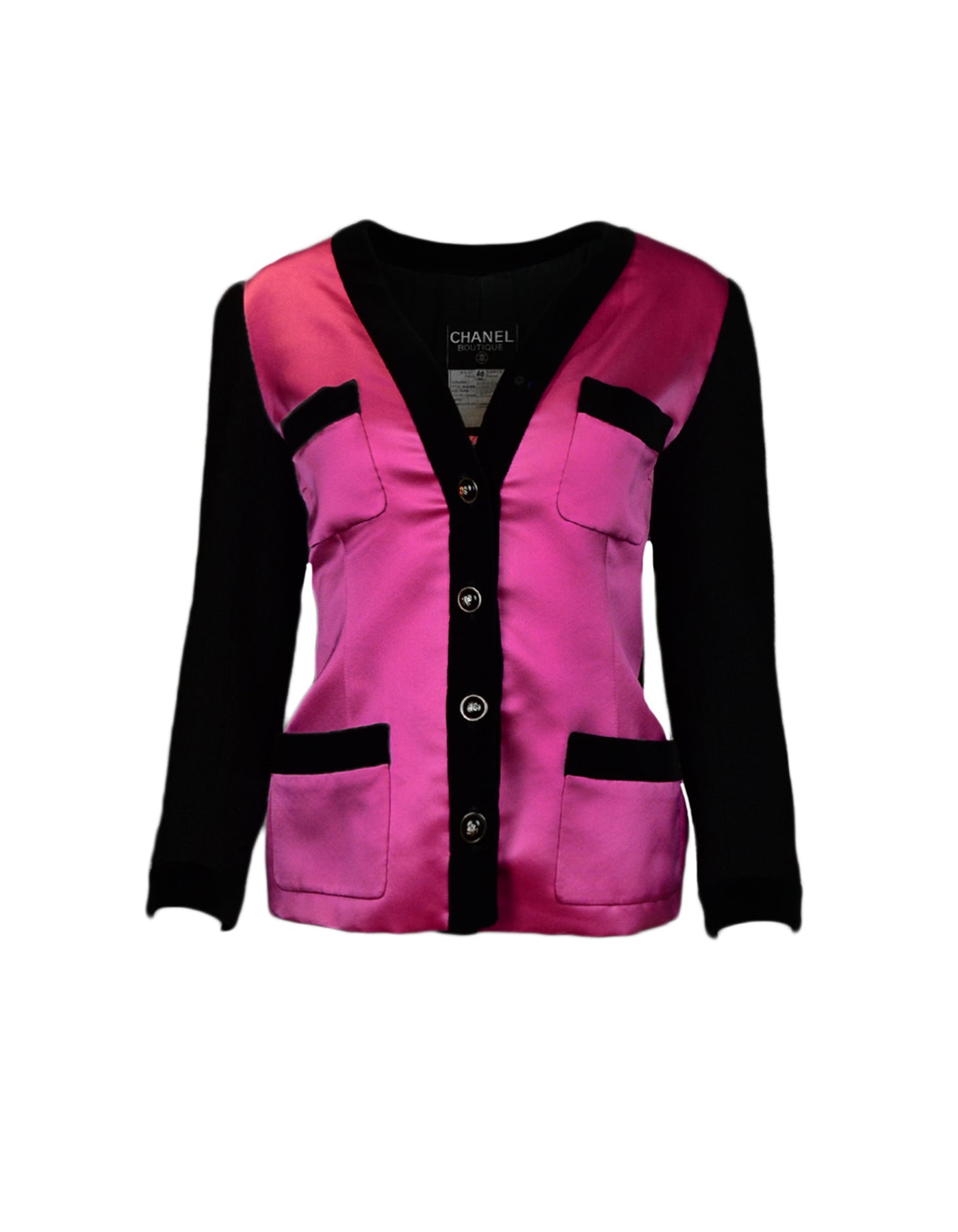 Chanel Pink Silk with Black Velvet Trim Jacket sz 40