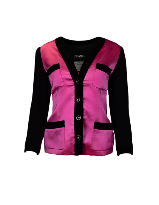 Chanel Pink Silk with Black Velvet Trim Jacket sz 40