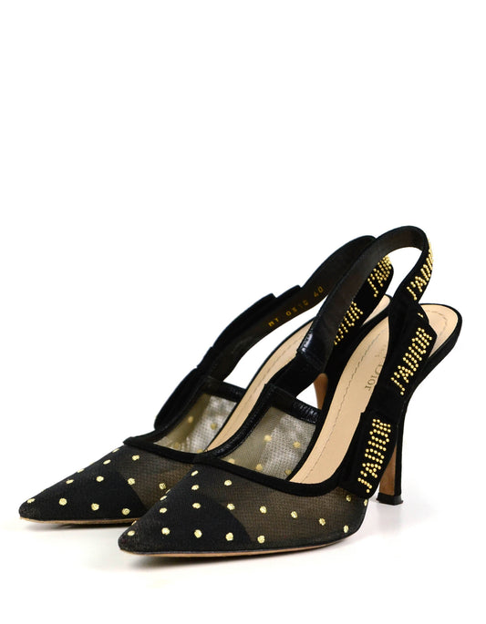 Christian Dior Black Plumetis Mesh Stud J'Adior Slingback Pumps sz 40