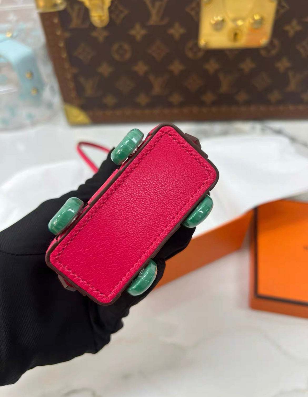 Hermes Bolide on Wheels Charm?Rose extreme/Vert vertigo Chevre chamkila goatskin Silver hardware