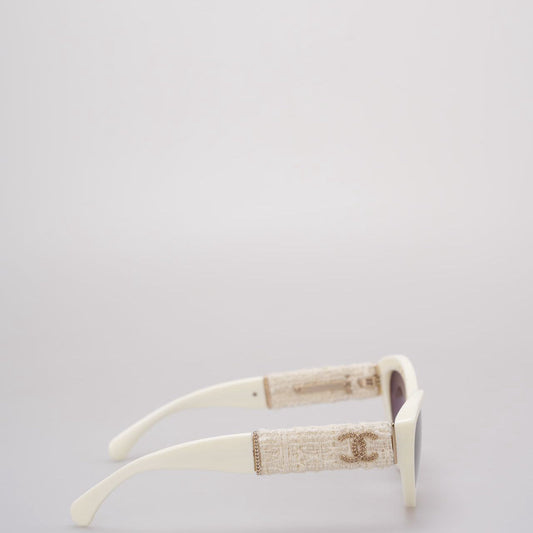 Chanel Acetate Tweed Wool CC Chain Sunglasses 5513-A White