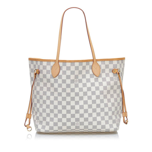 Louis Vuitton Damier Azur Neverfull MM Tote Shoulder Bag White PVC Leather