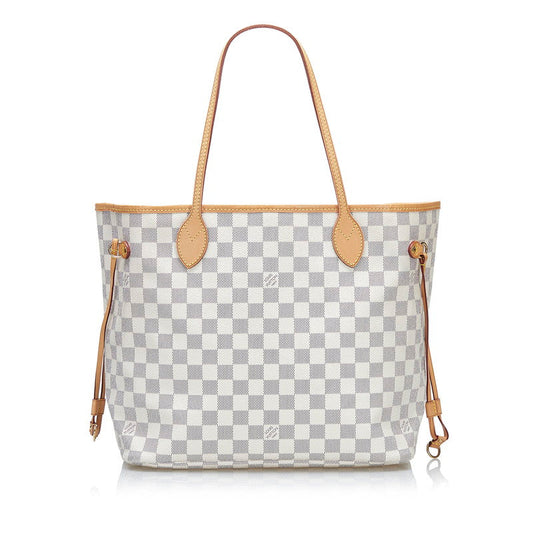 Louis Vuitton Damier Azur Neverfull MM Tote Shoulder Bag White PVC Leather
