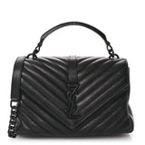 Saint Laurent Sheepskin Matelasse Chevron Monogram Monochrome Medium College Bag Black