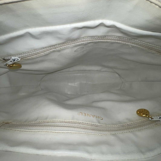 CHANEL -   1994 White Leather Small Chevron Tote / Shoulder Bag