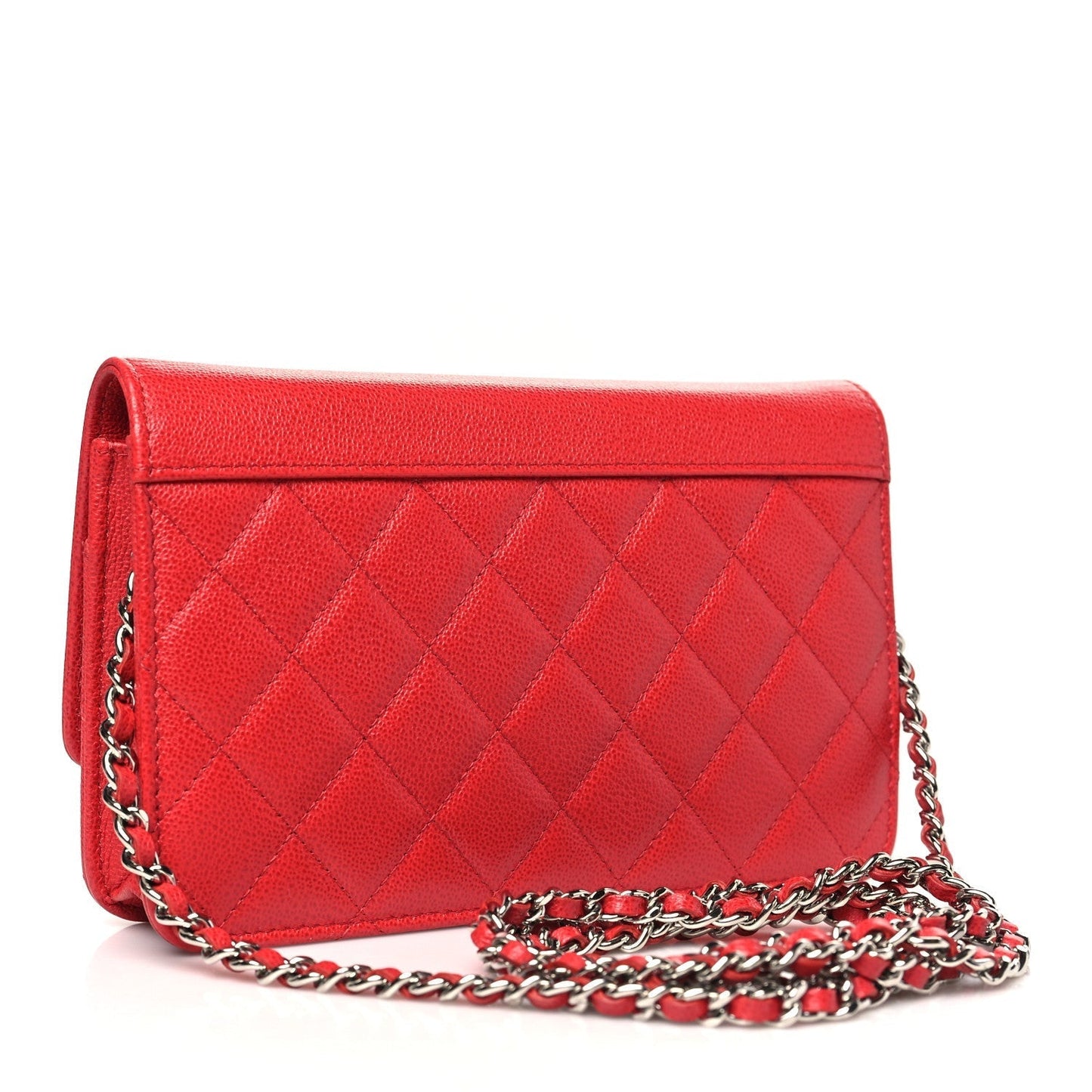 Amelia Grained Calfskin Quilted CC Box Wallet On Chain WOC Red