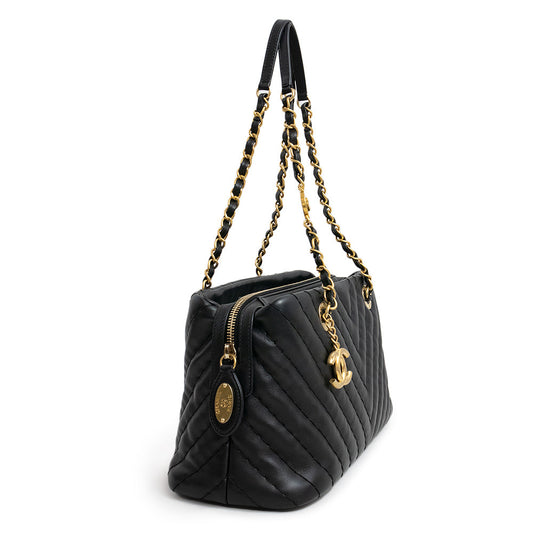 Chanel CC Mark Charm Chevron V Stitch Chain Calfskin Black