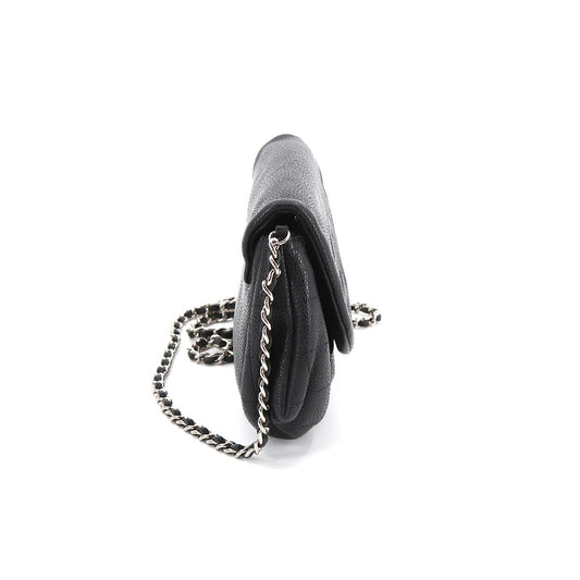 Chanel Half Moon Chain Wallet Folio Long Wallet Caviar Skin Black