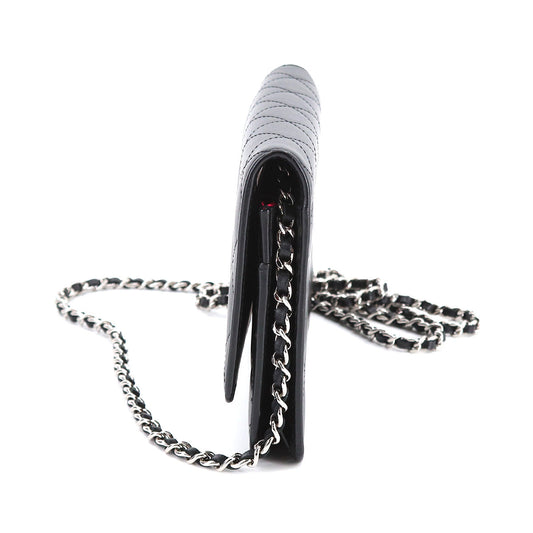 Chanel Cambon Line Chain Wallet Bifold Long Wallet Leather Enamel Black Silver Metal Fittings