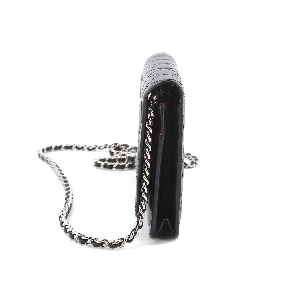 Chanel Cambon Line Chain Wallet Folio Long Wallet Leather Enamel Black Silver Metal Fittings