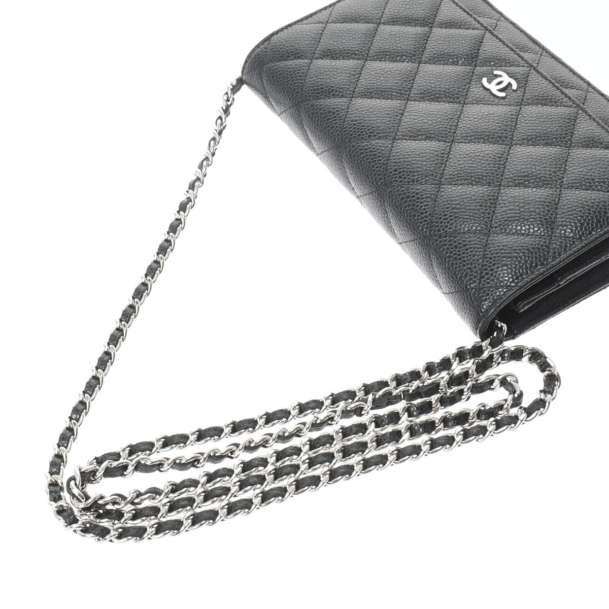 Chanel Matelasse Chain Wallet Black Silver Hardware Grained Calfskin Shoulder Bag