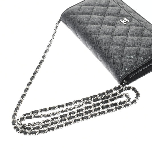 Chanel Matelasse Chain Wallet Black Silver Hardware Grained Calfskin Shoulder Bag