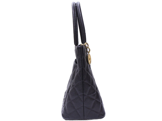 Chanel Caviar Skin Black Gold Metal Fittings Tote Bag