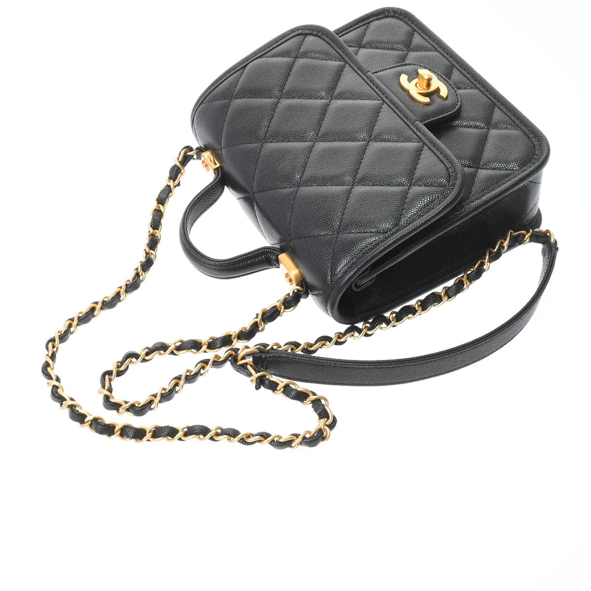 Chanel Small Top Handle Flap Bag Black Gold Hardware Grained Calfskin Shoulder Bag