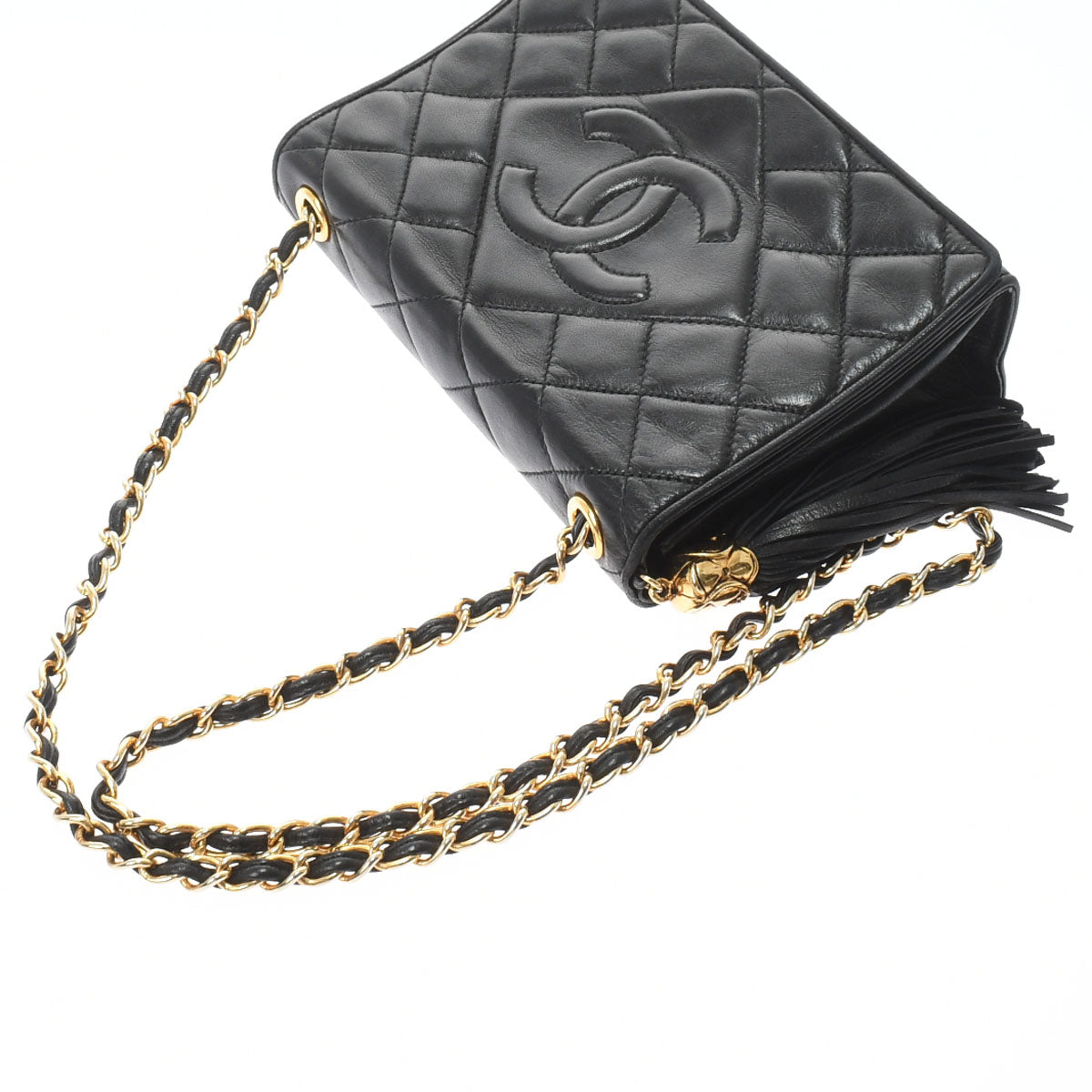 Chanel Matelasse Fringe Chain Shoulder Black Gold Hardware Lambskin Shoulder Bag