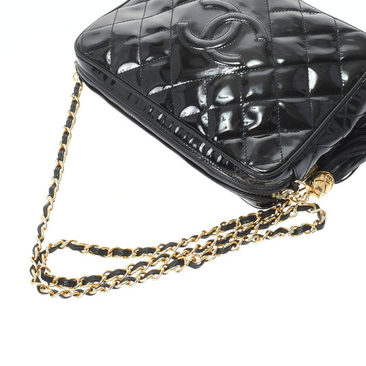 Chanel Matelasse Fringe Chain Shoulder Black Gold Hardware Patent Calfskin Shoulder Bag