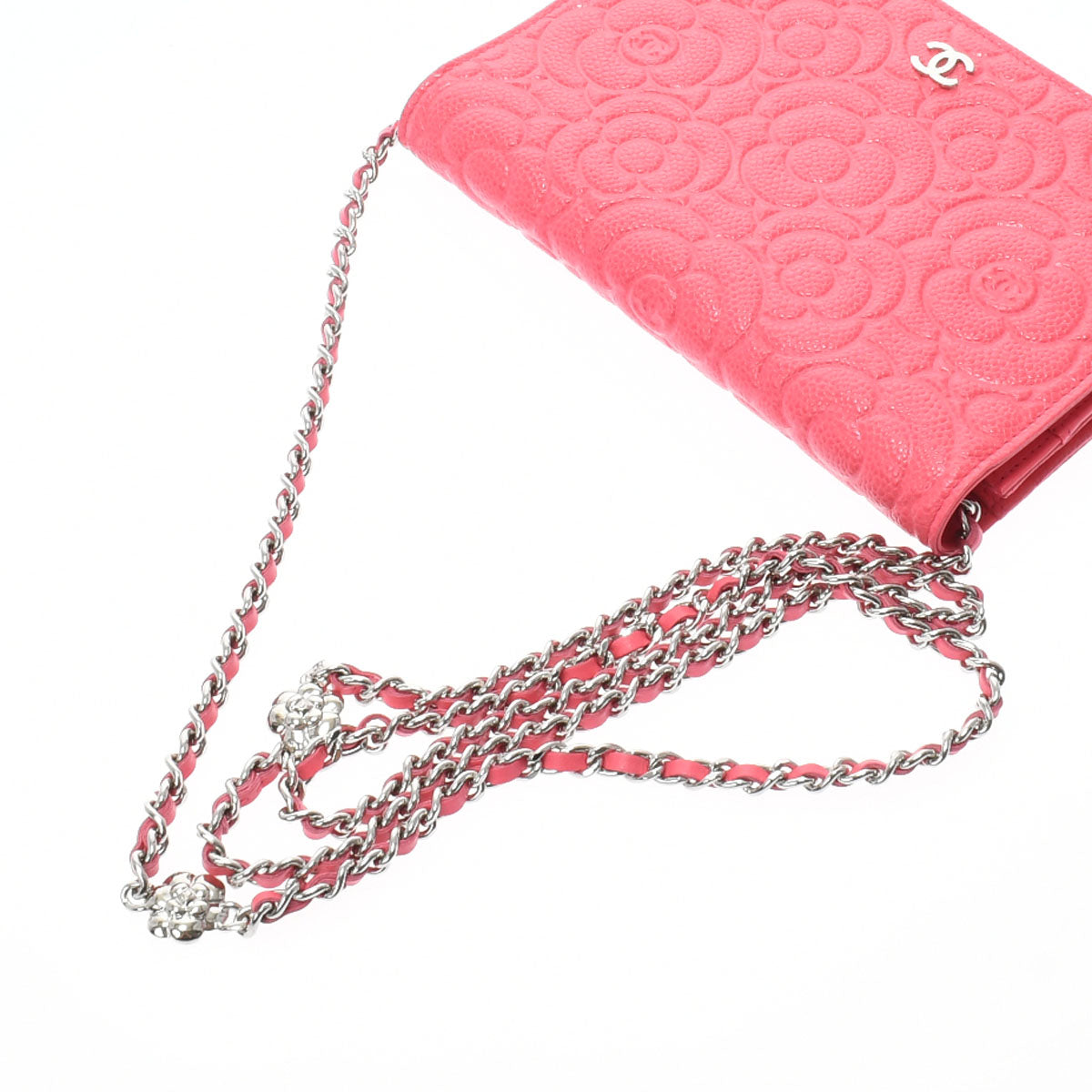 Chanel Camellia Chain Wallet Pink Silver Hardware Grained Calfskin Shoulder Bag