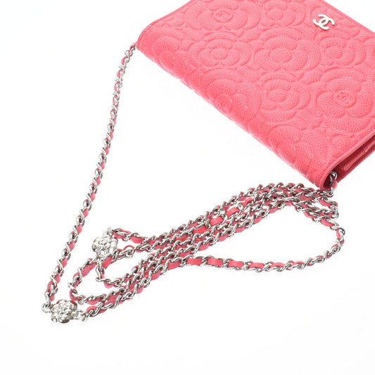 Chanel Camellia Chain Wallet Pink Silver Hardware Grained Calfskin Shoulder Bag