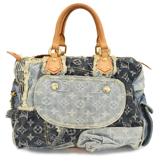 Louis Vuitton Speedy 30 Handbag Monogram Denim Patchwork Blue