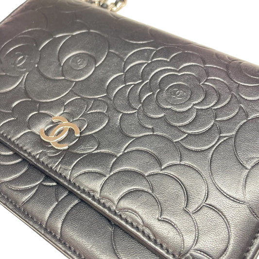 Chanel Camellia Chain Wallet Shoulder Bag Black