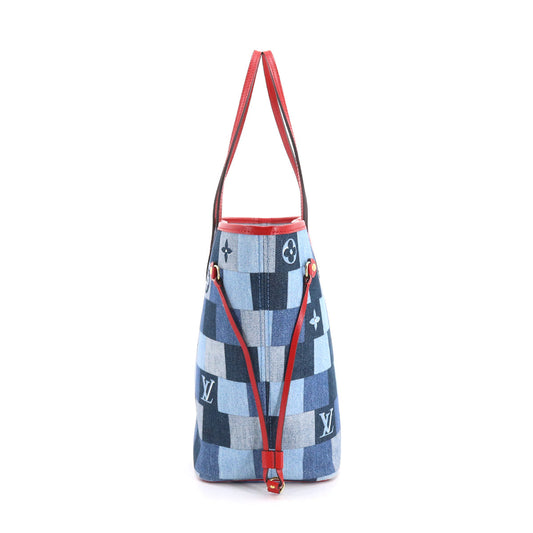 Louis Vuitton Denim Monogram Neverfull MM Tote Bag Blue Red