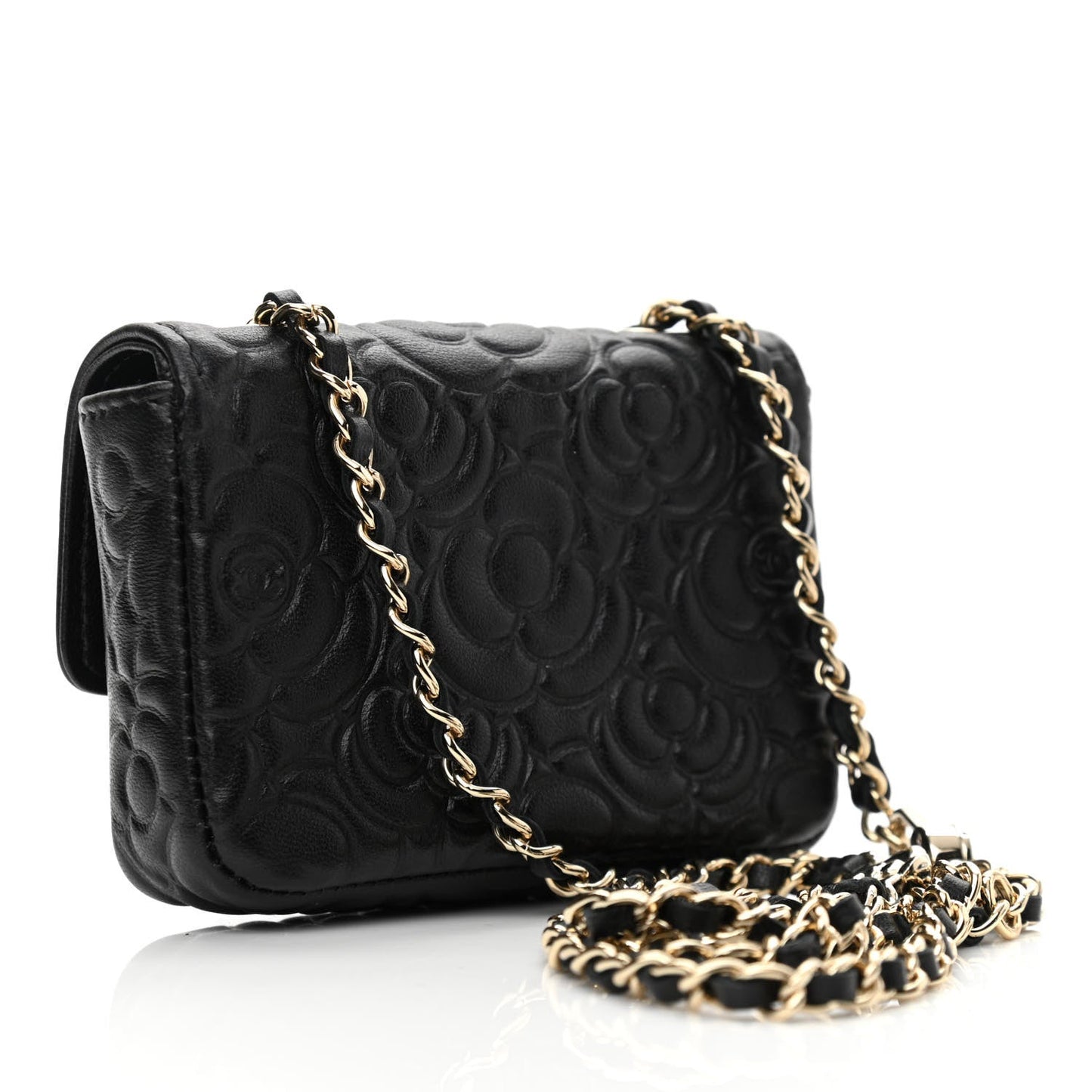 Chanel Lambskin Camellia Embossed Chain Belt Bag Black