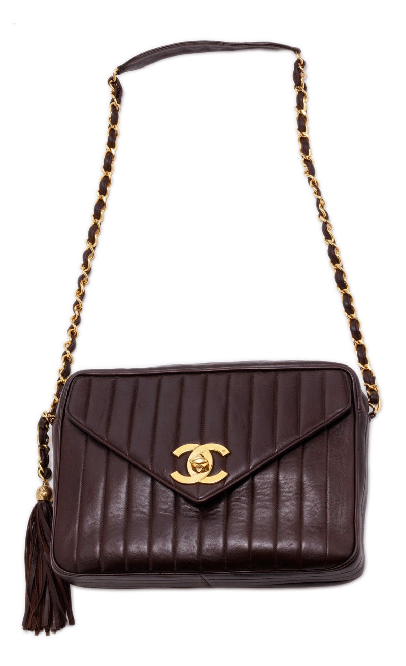 Chanel Mademoiselle Chain Shoulder Bag Lambskin Brown Gold Hardware
