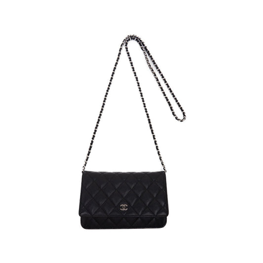 Chanel Matelasse Chain Wallet Silver Hardware Black