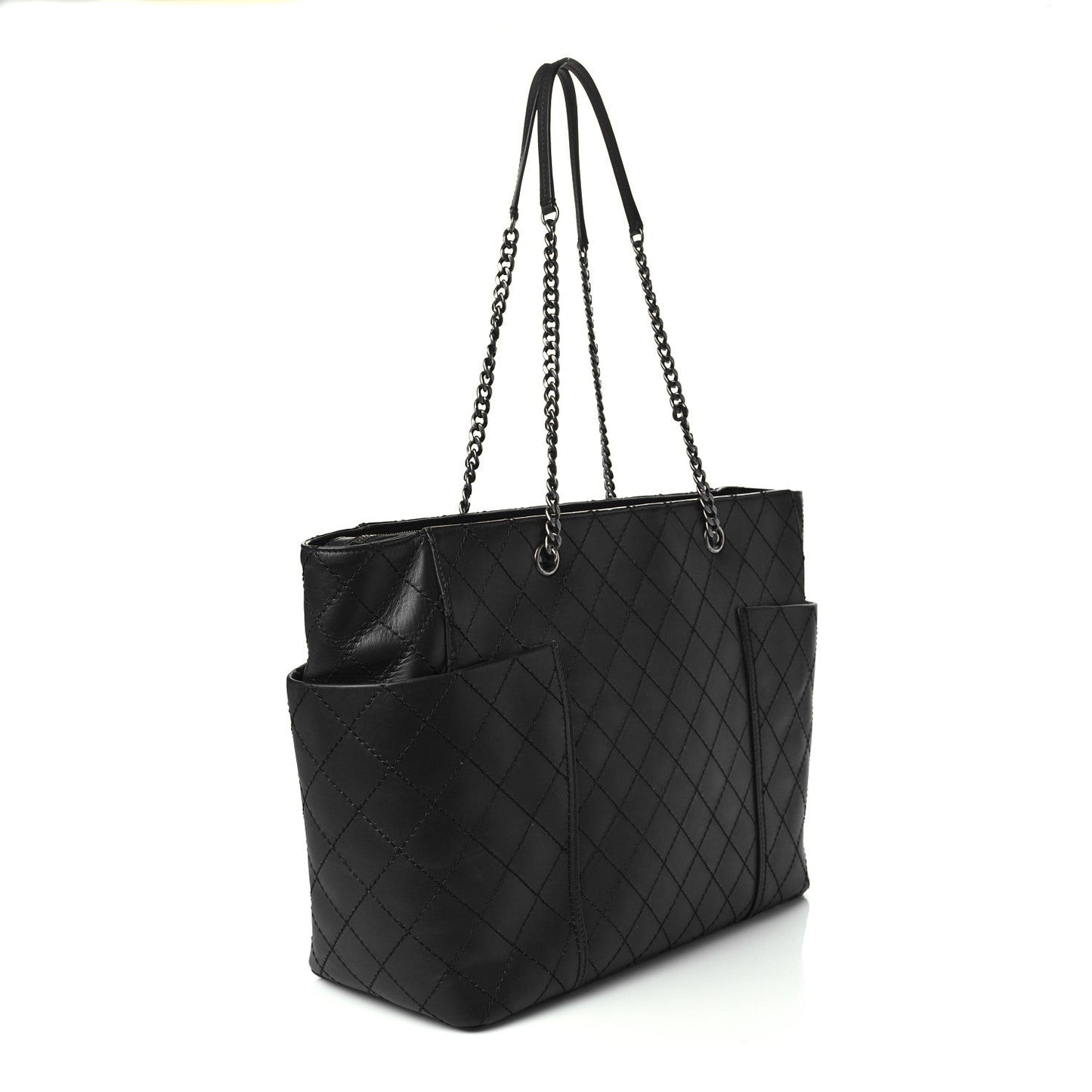 Lambskin Stitched Shopping Tote Black