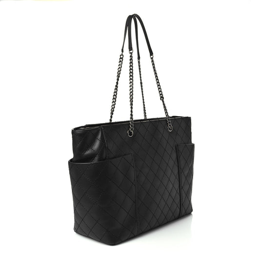 Lambskin Stitched Shopping Tote Black