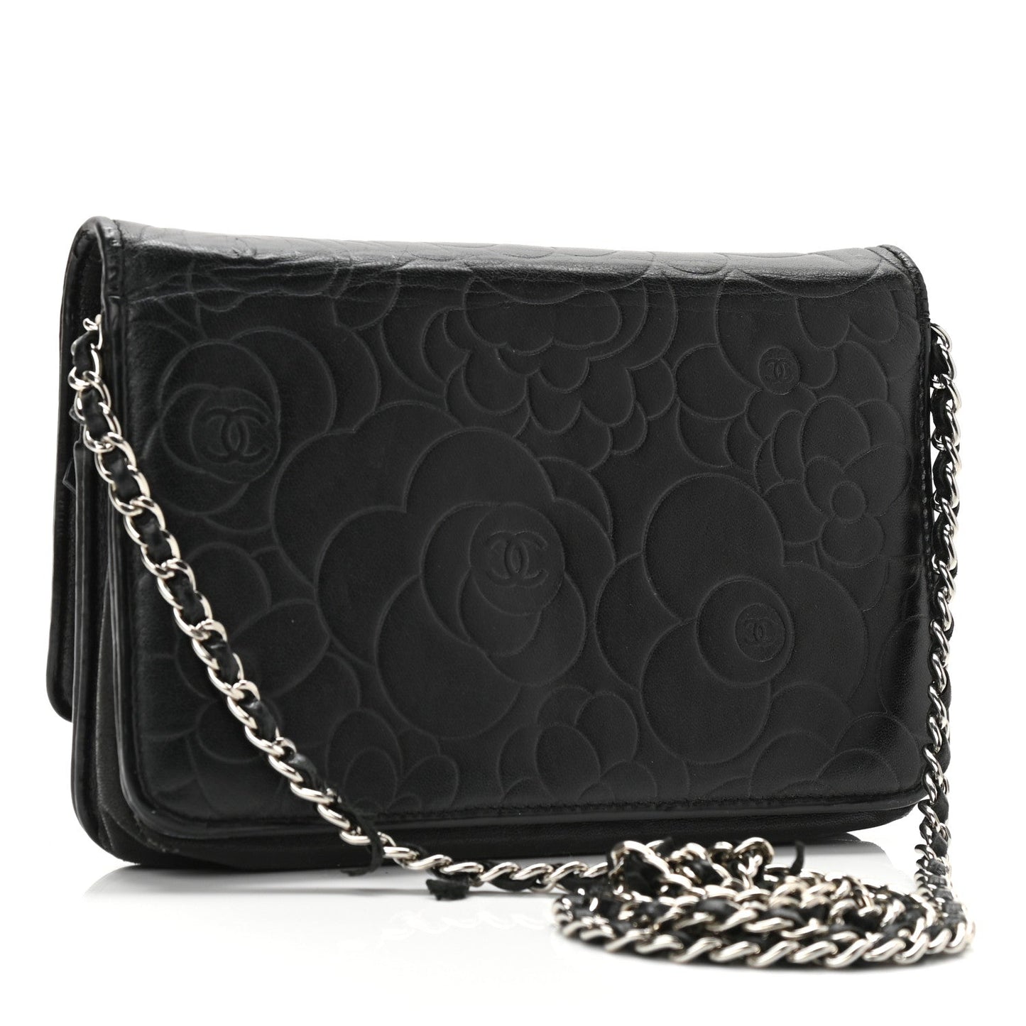 Lambskin Camellia Embossed Wallet on Chain WOC Black