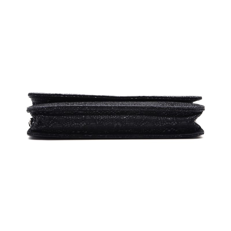 Chanel Floral Pattern Chain Wallet Leather Black