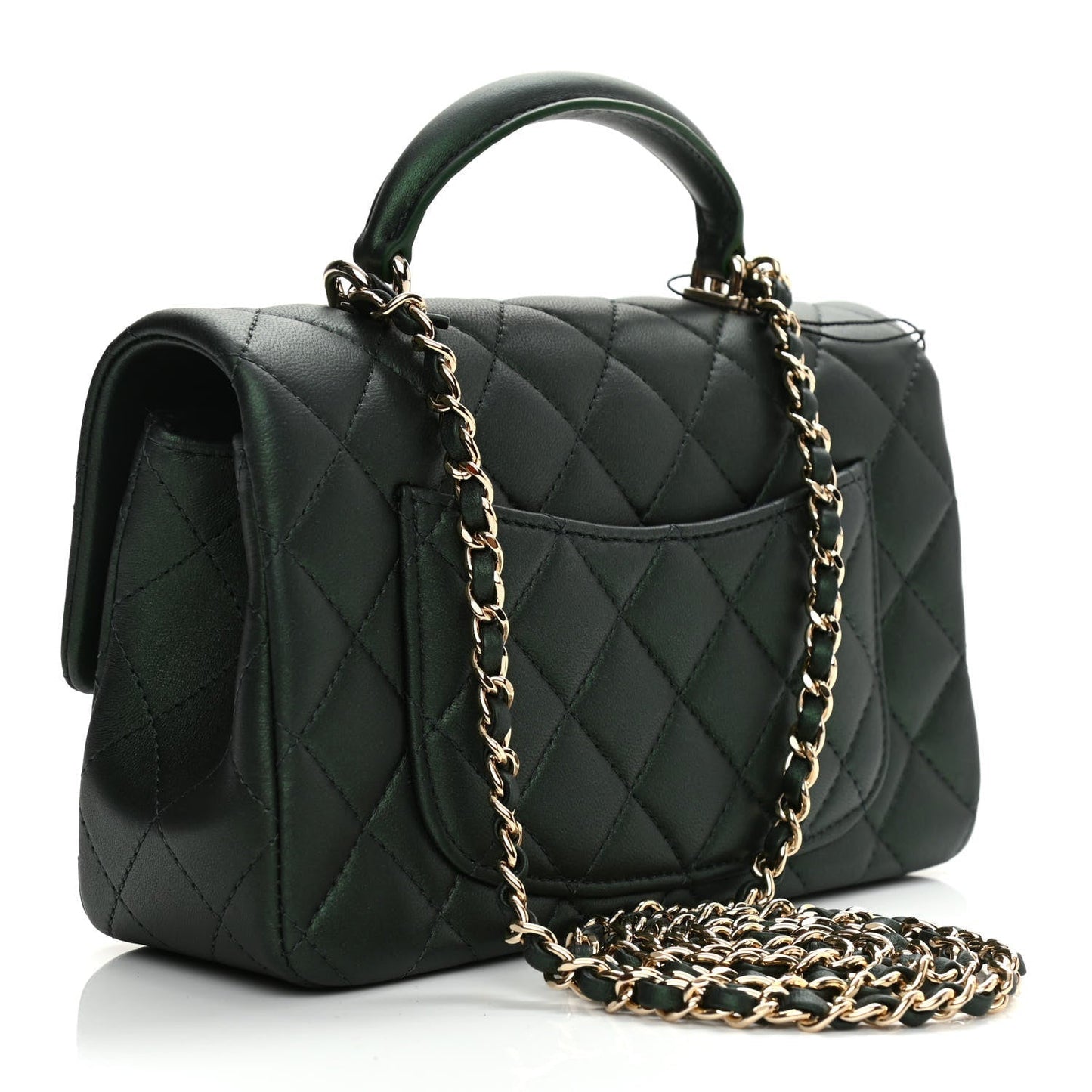 Chanel Iridescent Lambskin Quilted Mini Top Handle Rectangular Flap Dark Green