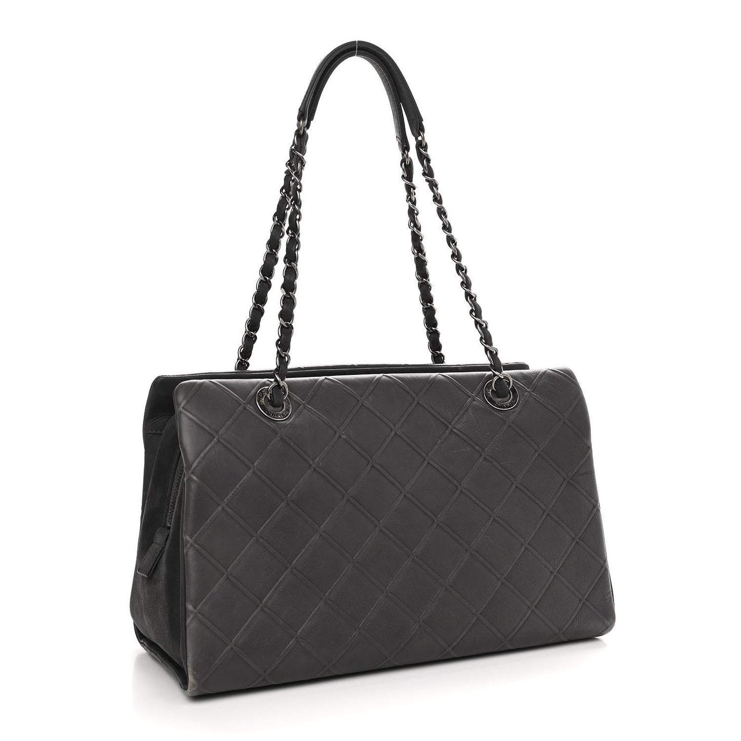 Calfskin Diamond Embossed Large CC Zip Shopping Tote Grey