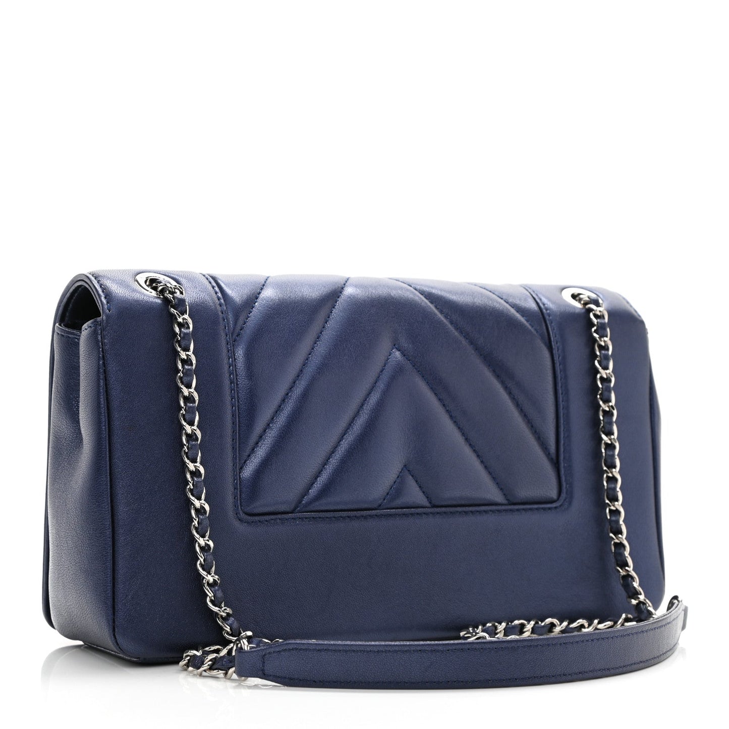 Chanel Metallic Sheepskin Chevron Quilted Medium   Mademoiselle Flap Navy