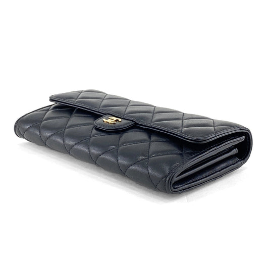 Chanel Long Wallet Classic Flap Matrasse Heremark Lambskin Black Gold Hardware