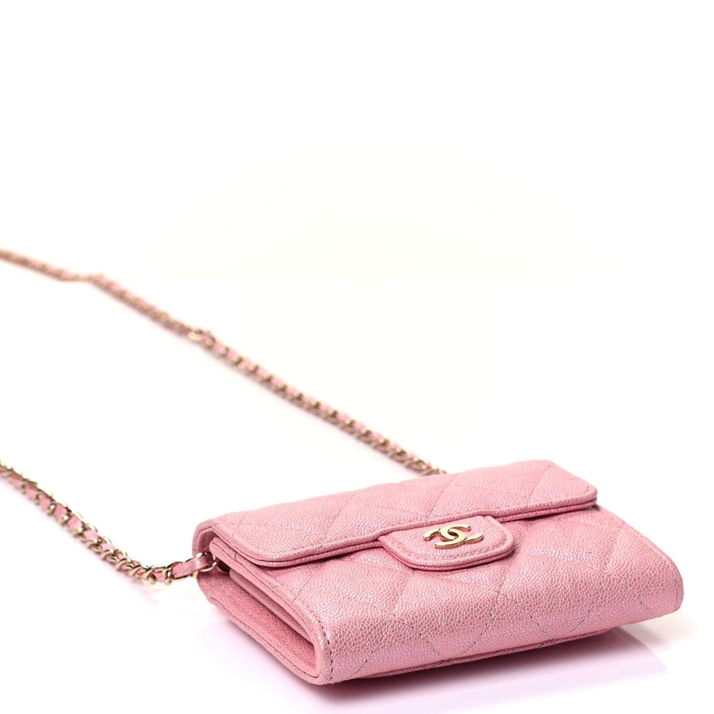 Iridescent Caviar Quilted Flap Card Holder On Chain Pink