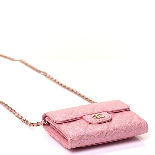 Iridescent Caviar Quilted Flap Card Holder On Chain Pink