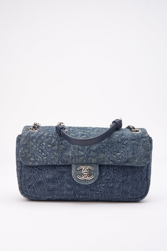 Chanel Blue Denim Camellia Embroidered CC Flap Bag