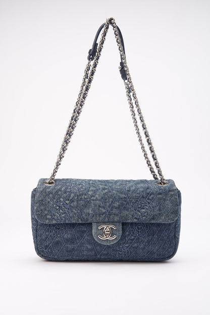 Chanel Blue Denim Camellia Embroidered CC Flap Bag