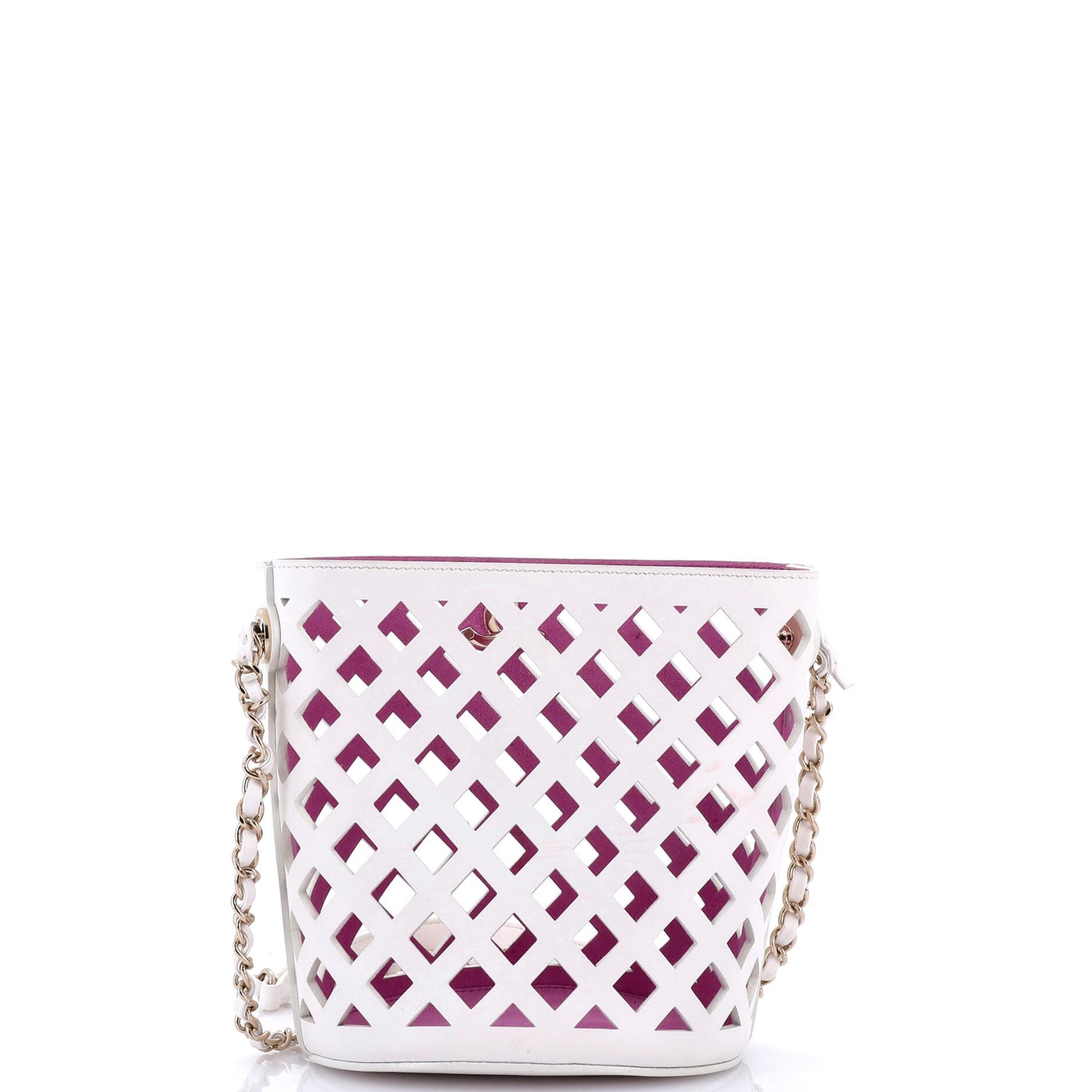 See Through Drawstring Bucket Bag Perforated Leather with Quilted Printed Canvas Small