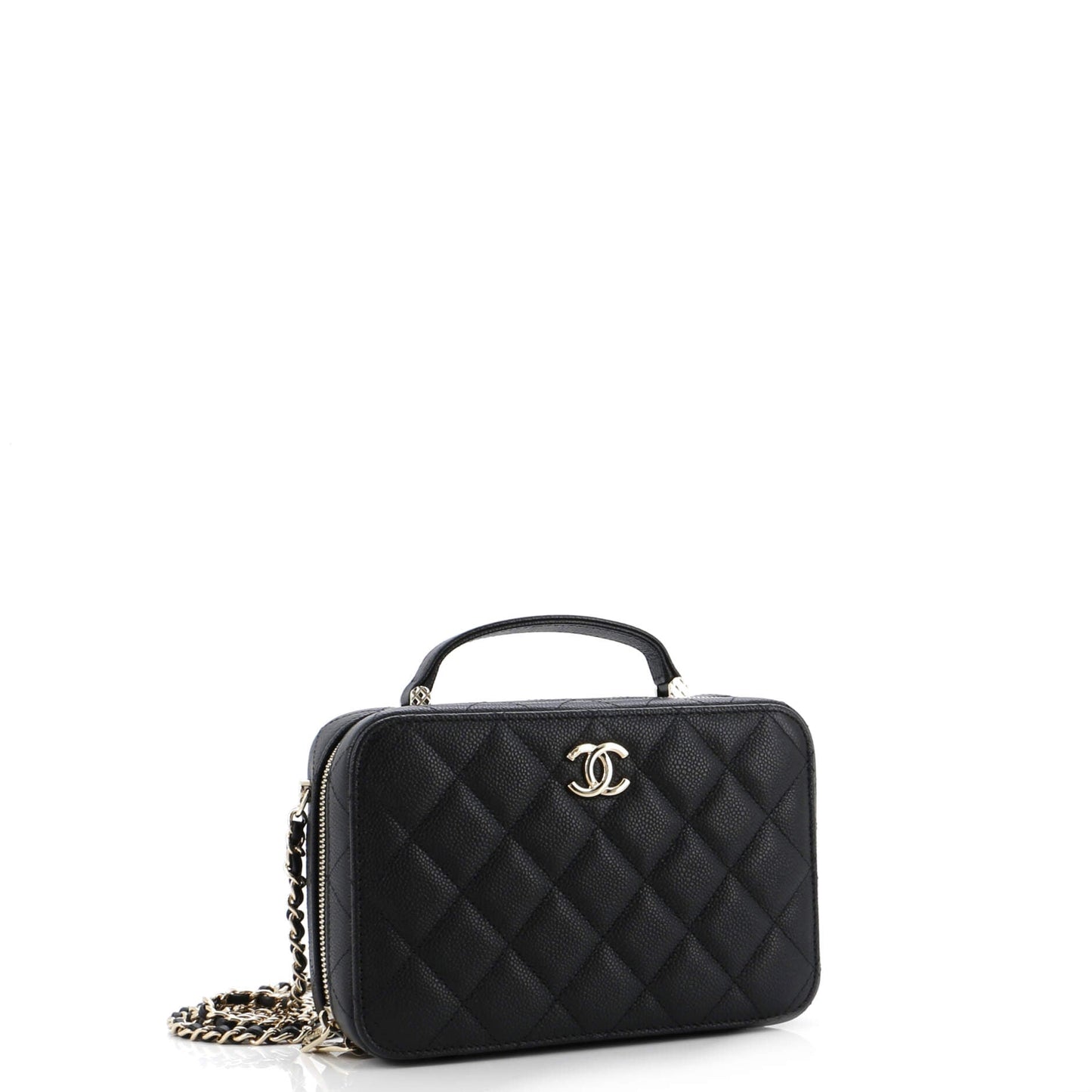 CC Zip Around Top Handle Vanity Case with Chain Quilted Caviar Small