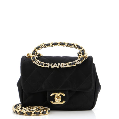 Oval Logo Chain Handle Flap Bag Quilted Satin with Crystals Mini