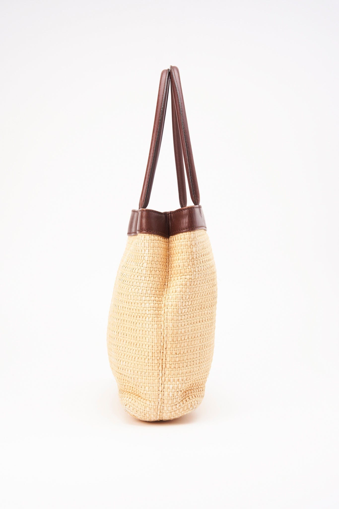 Chanel Raffia Tote Bag With Brown Leather Handles